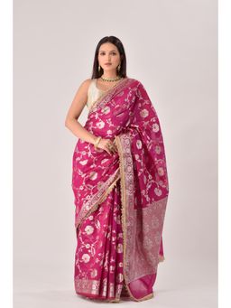 Sutra Attire - Magenta Floral Banarasi Georgette Saree with Unstitched Blouse