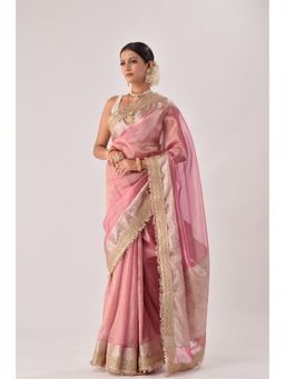 Sutra Attire - Flamingo Pink Banarasi Tissue Zari Saree with Unstitched Blouse