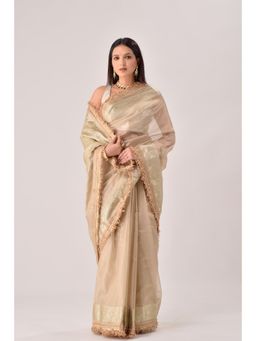 Sutra Attire - Beige Banarasi Tissue Zari Saree with Unstitched Blouse