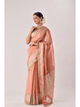 Sutra Attire - Coral Banarasi Tissue Zari Saree with Unstitched Blouse