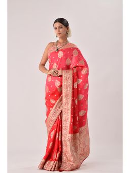 Sutra Attire - Shaded Red Banarasi Floral Zari Silk Saree with Unstitched Blouse