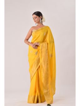 Sutra Attire - Yellow Embellished Silk Saree with Unstitched Blouse