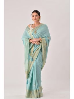 Sutra Attire - Powder Blue Embellished Silk Saree with Unstitched Blouse