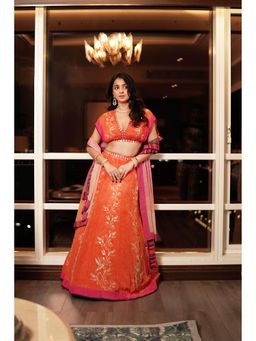 Basil Leaf - Orange Lehenga with Blouse and Dupatta (Set of 3)