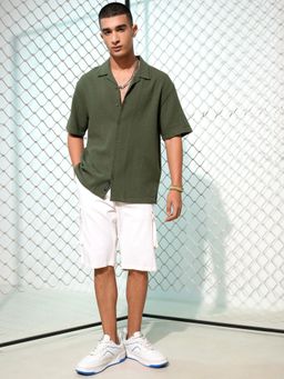 HIGHLANDER - Men's Olive Collar Neck Half Sleeves Oversized Textured Shirt