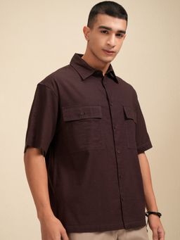 HIGHLANDER - Men's Brown Collar Neck Half Sleeves Oversized Solid/Plain Shirt