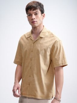 HIGHLANDER - Men's Khaki Collar Neck Half Sleeves Oversized Solid/Plain Shirt