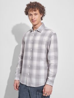 HIGHLANDER - Men's Grey Collar Neck Full Sleeves Oversized Checks Shirt