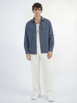 HIGHLANDER - Men's Blue Collar Neck Full Sleeves Oversized Solid/Plain Shirt