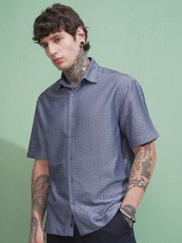HIGHLANDER - Men's Blue Collar Neck Half Sleeves Oversized Self Design Shirt