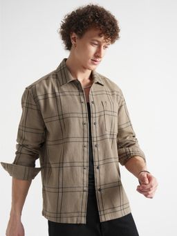 HIGHLANDER - Men's Khaki Collar Neck Full Sleeves Oversized Checks Shirt