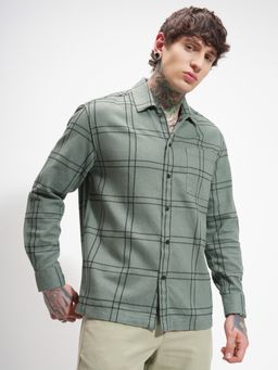 HIGHLANDER - Men's Green Collar Neck Full Sleeves Oversized Checks Shirt