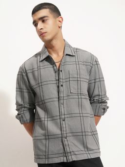 HIGHLANDER - Men's Grey Collar Neck Full Sleeves Oversized Checks Shirt