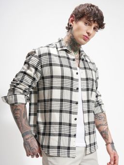 HIGHLANDER - Men's Off White Collar Neck Full Sleeves Oversized Checks Shirt