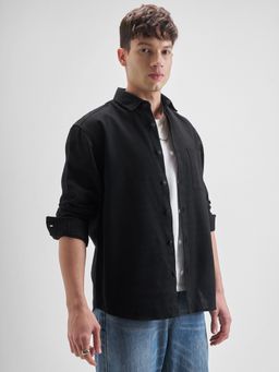HIGHLANDER - Men's Black Collar Neck Full Sleeves Oversized Solid/Plain Shirt