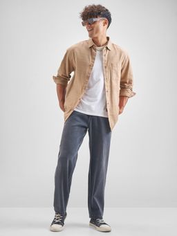 HIGHLANDER - Men's Khaki Collar Neck Full Sleeves Oversized Solid/Plain Shirt
