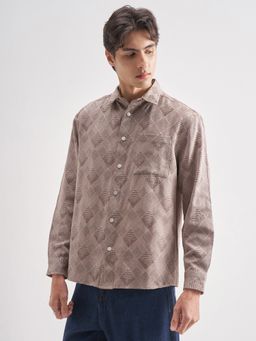 HIGHLANDER - Men's Brown Collar Neck Full Sleeves Oversized Textured Shirt
