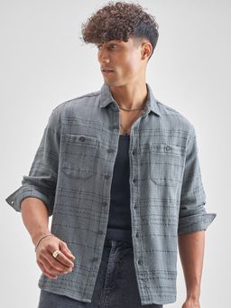 HIGHLANDER - Men's Green Collar Neck Full Sleeves Oversized Checks Shirt