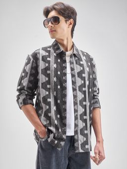 HIGHLANDER - Men's Charcoal Collar Neck Full Sleeves Oversized Printed Shirt
