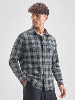 HIGHLANDER - Men's Black Collar Neck Full Sleeves Oversized Checks Shirt