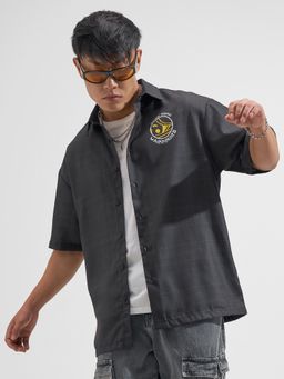 HIGHLANDER - Men's Black Collar Neck Half Sleeves Oversized Graphic Shirt