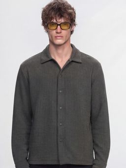 HIGHLANDER - Men's Olive Collar Neck Full Sleeves Oversized Textured Shirt