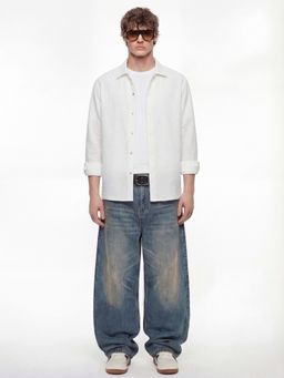 HIGHLANDER - Men's White Collar Neck Full Sleeves Oversized Textured Shirt