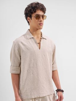 HIGHLANDER - Men's Beige Collar Neck Full Sleeves Oversized Textured Shirt