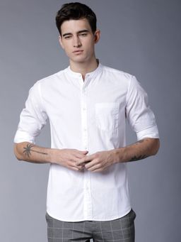 HIGHLANDER - Men's White Mandarin Neck Full Sleeves Slim Solid/Plain Shirt