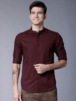 HIGHLANDER - Men's Maroon Mandarin Neck Full Sleeves Slim Solid/Plain Shirt