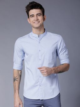 HIGHLANDER - Men's Blue Mandarin Neck Full Sleeves Slim Solid/Plain Shirt