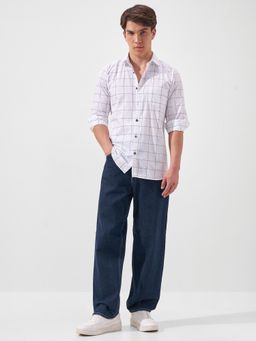 HIGHLANDER - Men's White Collar Neck Full Sleeves Slim Checks Shirt