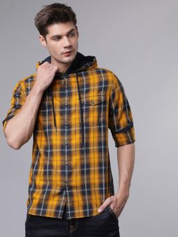 HIGHLANDER - Men's Mustard Hooded Full Sleeves Slim Checks Shirt