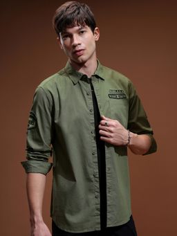 HIGHLANDER - Men's Olive Collar Neck Full Sleeves Slim Solid/Plain Shirt