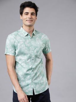 HIGHLANDER - Men's Green Collar Neck Half Sleeves Slim Printed Shirt