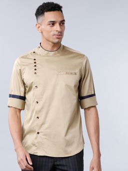 HIGHLANDER - Men's Beige Mandarin Neck Full Sleeves Regular Solid/Plain Shirt