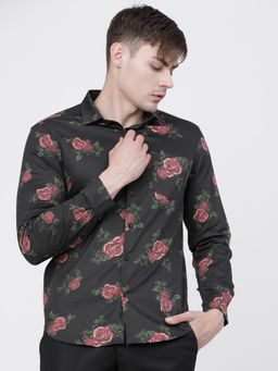 HIGHLANDER - Men's Black Collar Neck Full Sleeves Regular Floral Shirt