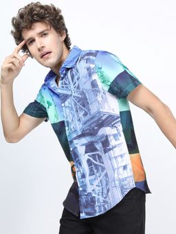 HIGHLANDER - Men's Multi-Colour Collar Neck Half Sleeves Slim Printed Shirt