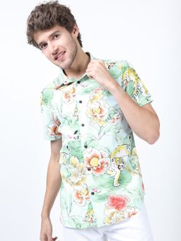 HIGHLANDER - Men's Green Collar Neck Half Sleeves Slim Floral Shirt