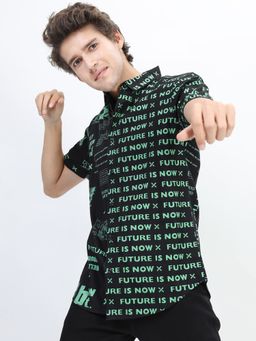 HIGHLANDER - Men's Black Collar Neck Half Sleeves Slim Graphic Shirt