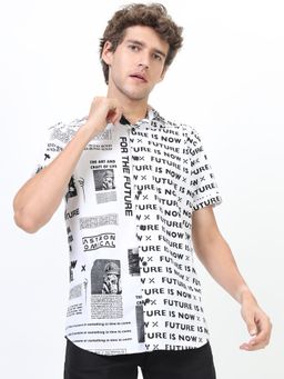 HIGHLANDER - Men's White Collar Neck Half Sleeves Slim Graphic Shirt