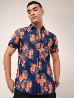 HIGHLANDER - Men's Navy Blue Collar Neck Half Sleeves Slim Floral Shirt
