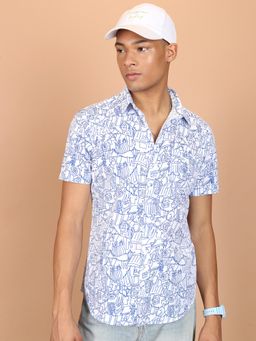 HIGHLANDER - Men's Blue Collar Neck Half Sleeves Slim Graphic Shirt