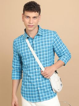 HIGHLANDER - Men's Turquoise Collar Neck Full Sleeves Slim Checks Shirt
