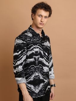 HIGHLANDER - Men's Black Collar Neck Full Sleeves Slim Abstract Shirt