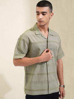 HIGHLANDER - Men's Olive Collar Neck Half Sleeves Relaxed Stripes Shirt