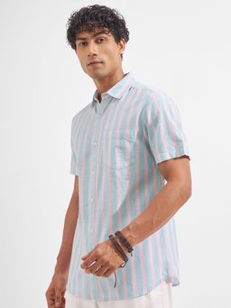 HIGHLANDER - Men's Multi-Colour Collar Neck Half Sleeves Regular Stripes Shirt