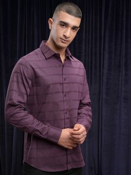 HIGHLANDER - Men's Purple Collar Neck Full Sleeves Slim Stripes Shirt