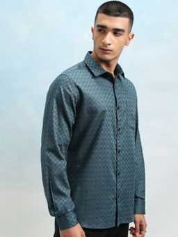 HIGHLANDER - Men's Teal Collar Neck Full Sleeves Slim Textured Shirt