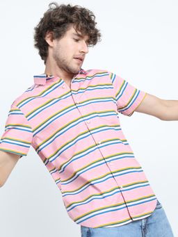 HIGHLANDER - Men's Pink Collar Neck Half Sleeves Slim Stripes Shirt